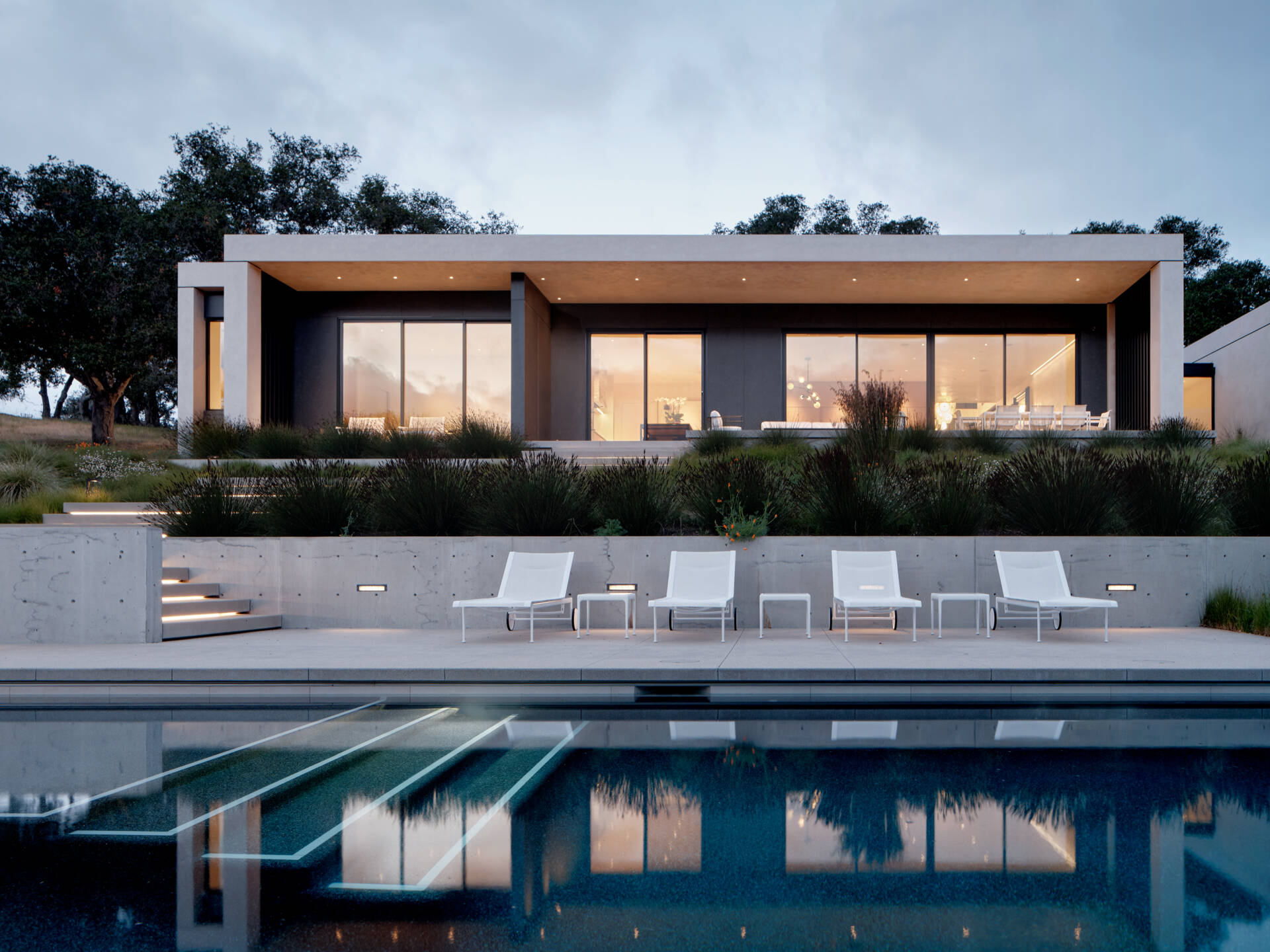 Live Oak Residence cuenta con una piscina y una caseta de piscina, creando impresionantes espacios al aire libre rodeados de césped de California.