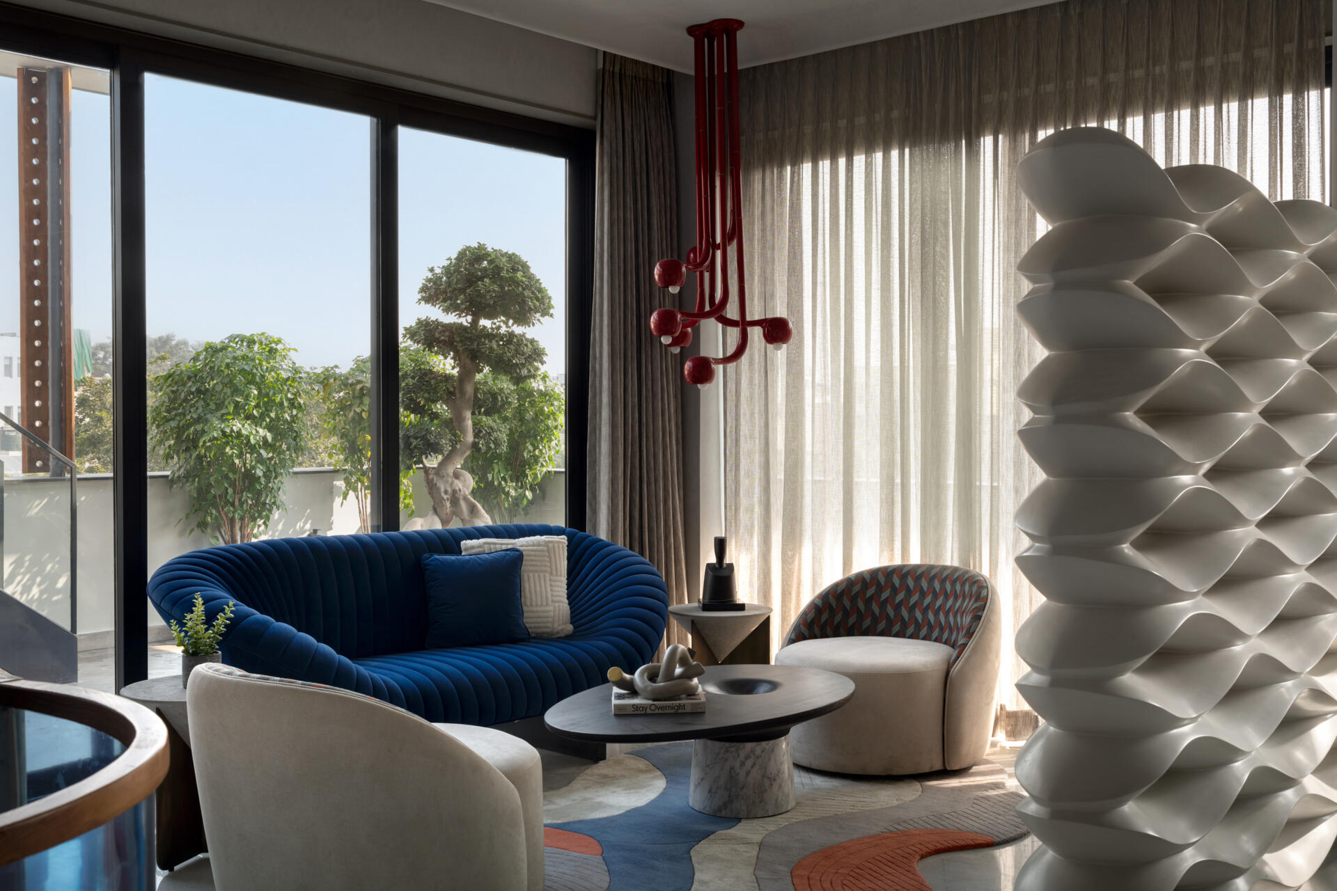 A modern living room with a pop of color.