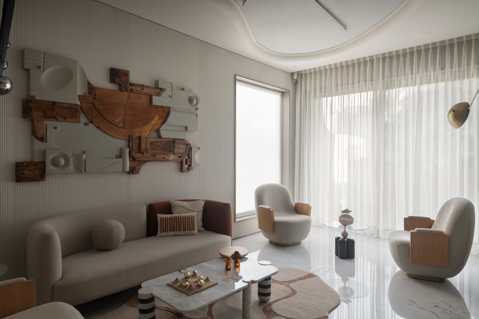A modern living room with a neutral color palette.