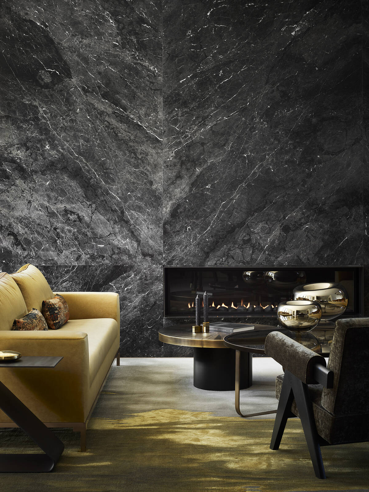 Bold mustard sofas, sculptural furnishings, and contemporary artwork bring energy and personality to this inviting living room. Discover how rich color, layered textures, and carefully chosen statement pieces create a space that's both expressive and effortlessly comfortable.