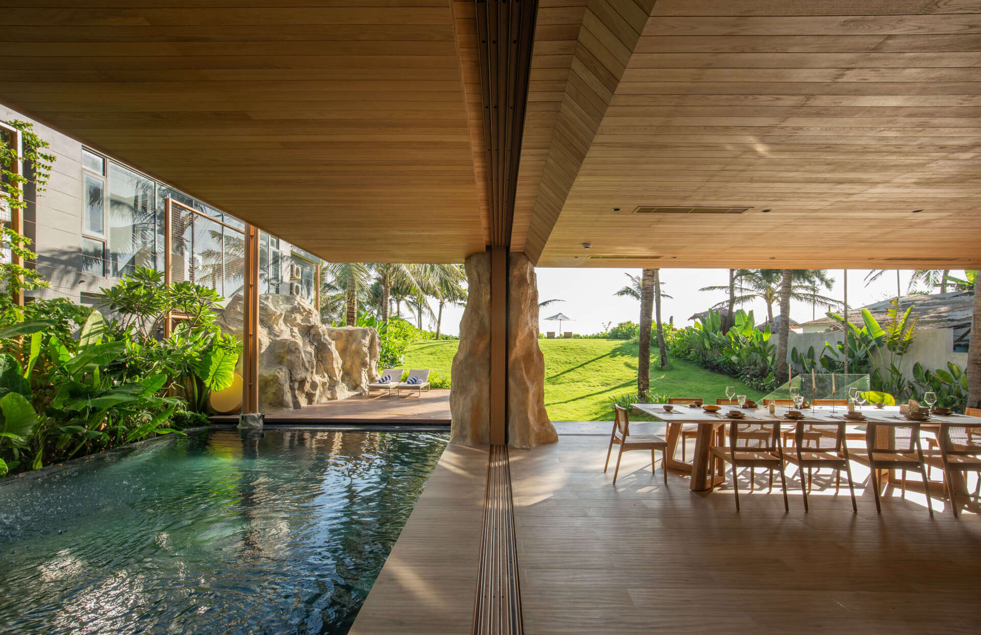 From the ground-floor swimming pool to the infinity pool above, water connects every level of TH Villa Hoi An with the surrounding landscape.