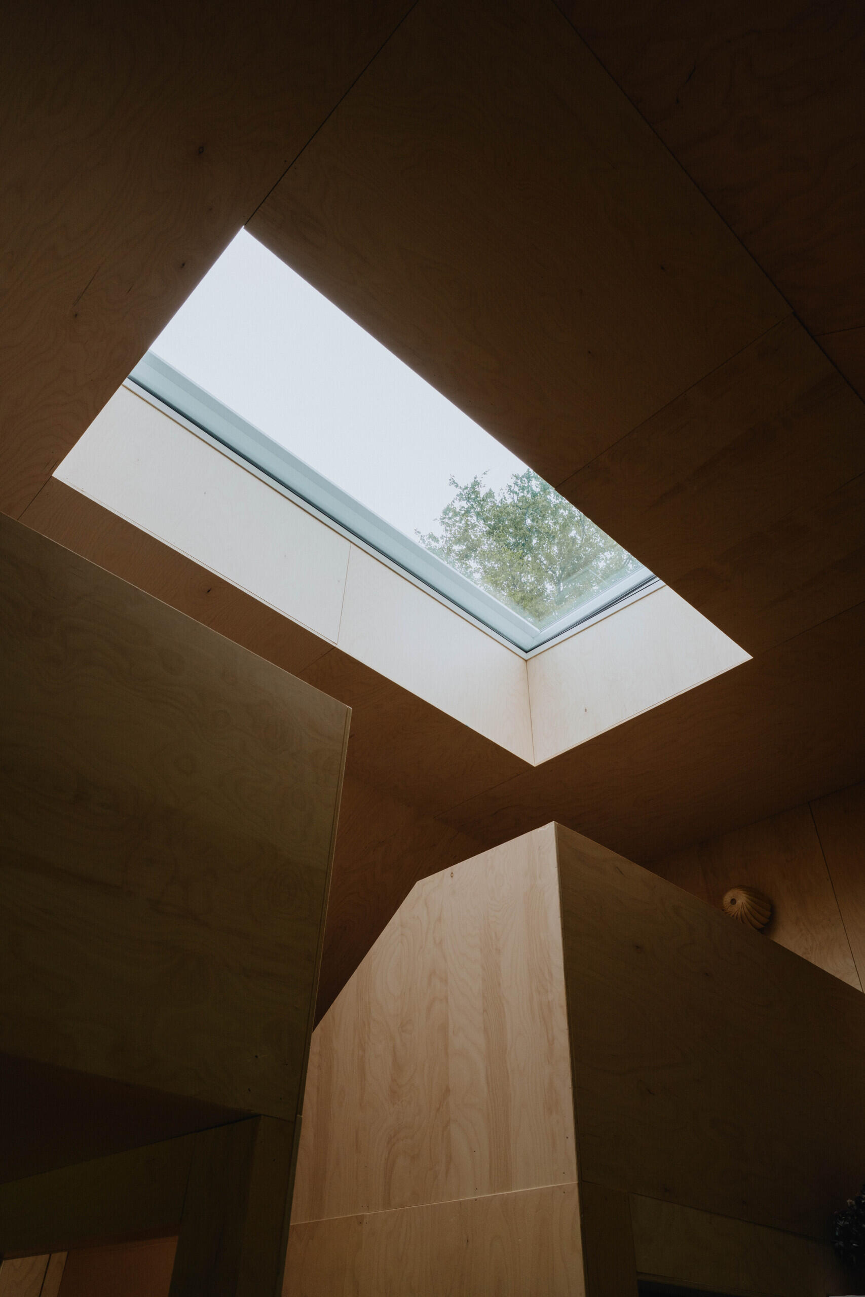 A central skylight fills the compact interior with natural light, making the home feel larger and brighter.