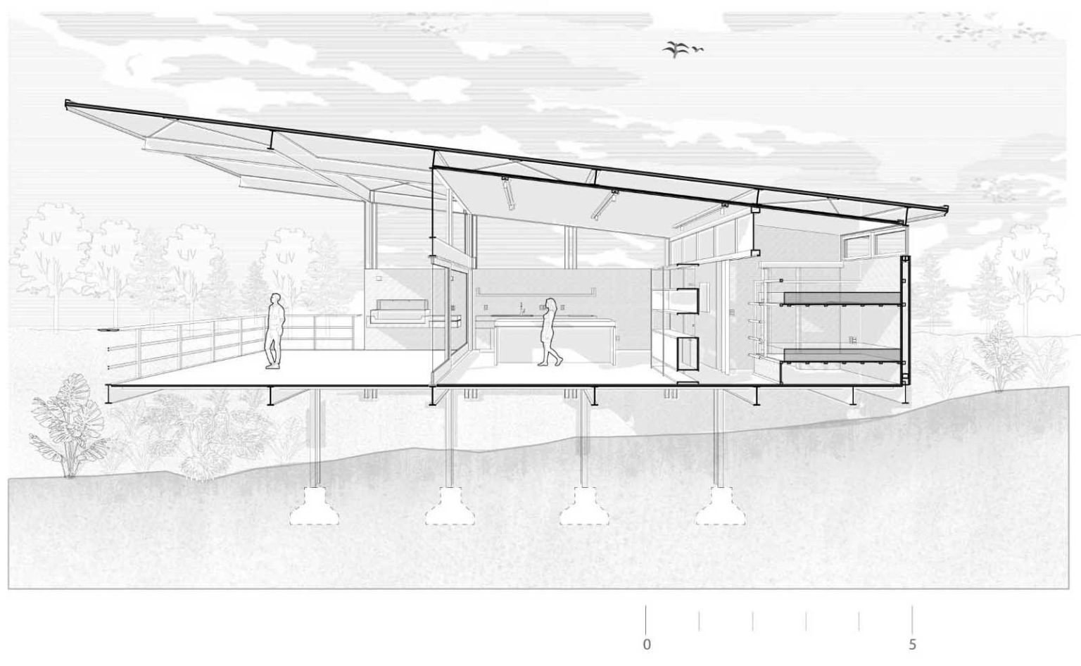 Explore the architectural drawings to see how this elevated tiny house balances compact living with generous outdoor space.