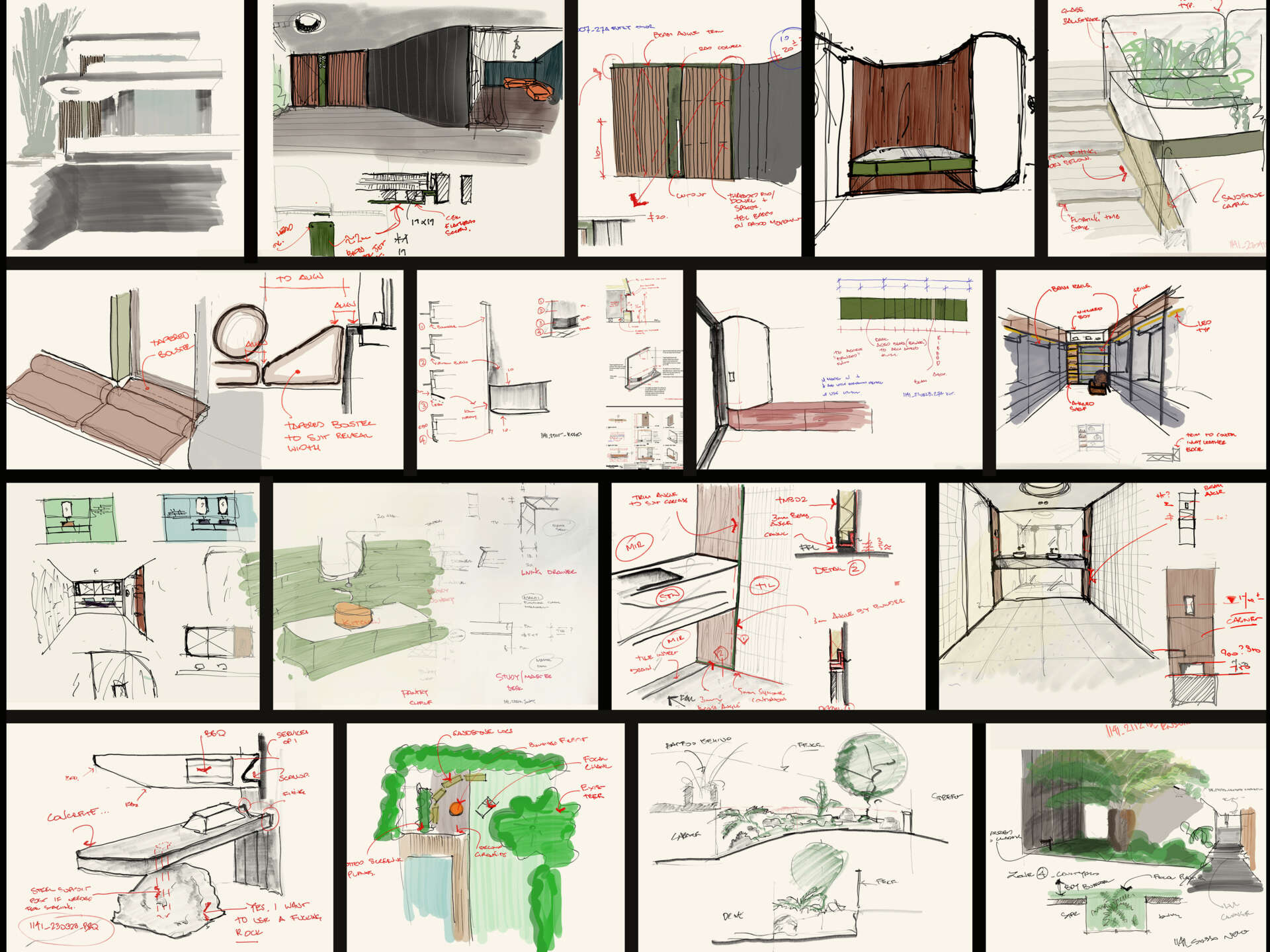 See the architectural sketches and drawings behind Sasso Nero by buck&simple, revealing the intersecting planes, skylights, garden views and spatial ideas that shaped this contemporary Seaforth residence.