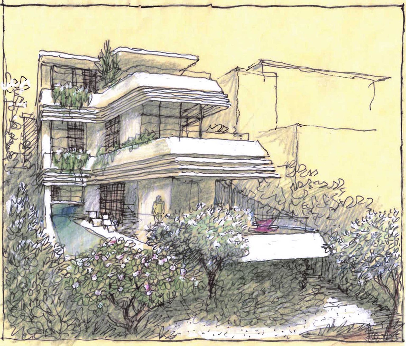 See the original architectural sketches for Earth-Ship by Luigi Rosselli Architects and discover how the Sydney home's additional floors and terraced form were developed.