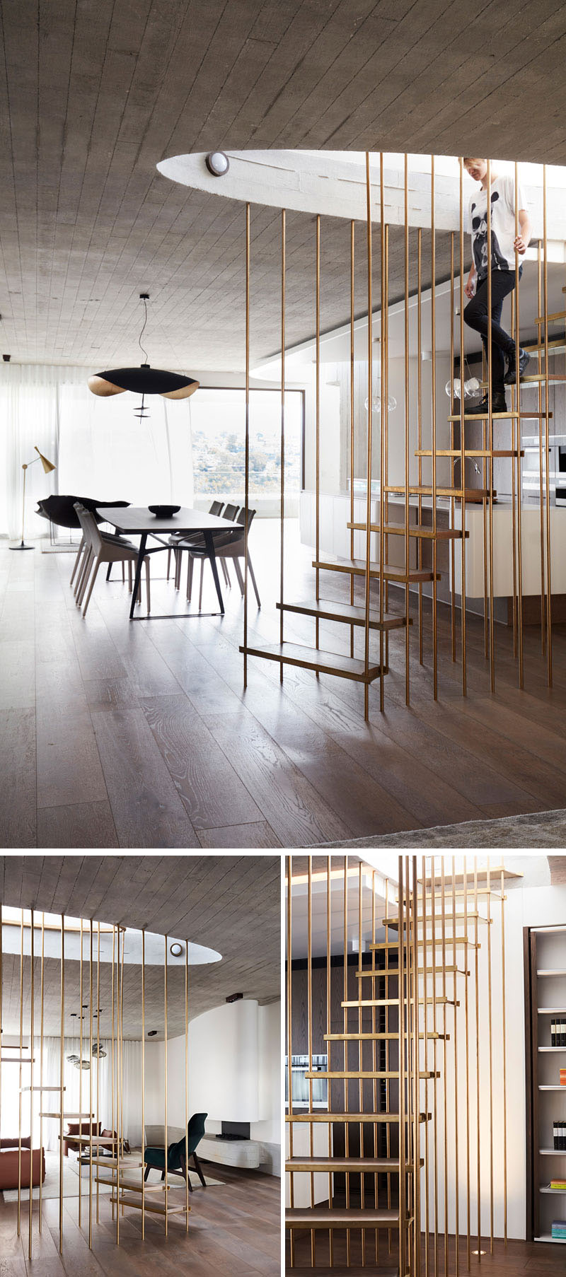 A minimalist brass staircase separates the living and dining areas while leading upwards to the roof and its east-facing skylight.