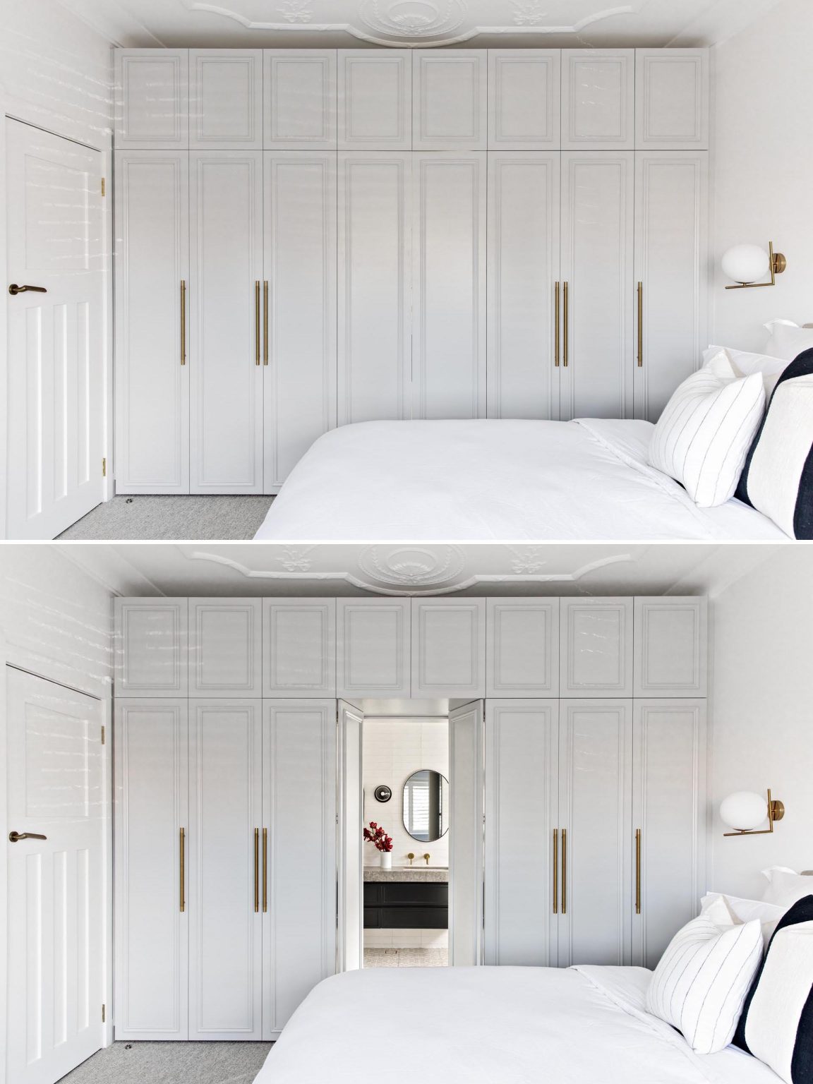 See how an original bay window was transformed into a custom window seat with storage underneath, alongside light grey wardrobes that conceal the entrance to the ensuite.