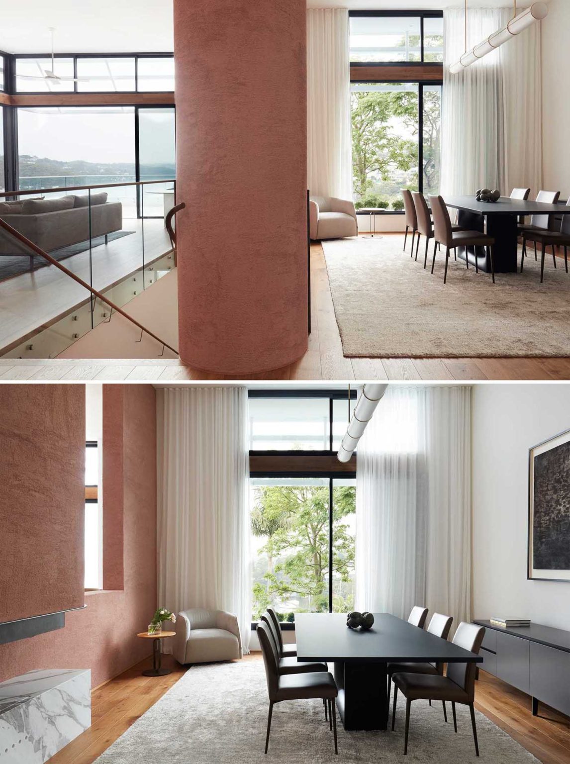 Earth-Ship's double-height dining room features a long horizontal light above the table, plus a single chair and side table tucked into one corner.