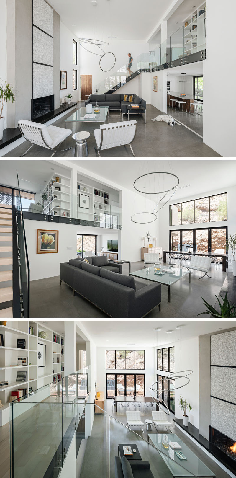A double-height family room fills with natural light and mountain views, while new steel, glass and wood stairs create a sightline through the Phoenix house toward the valley beyond.