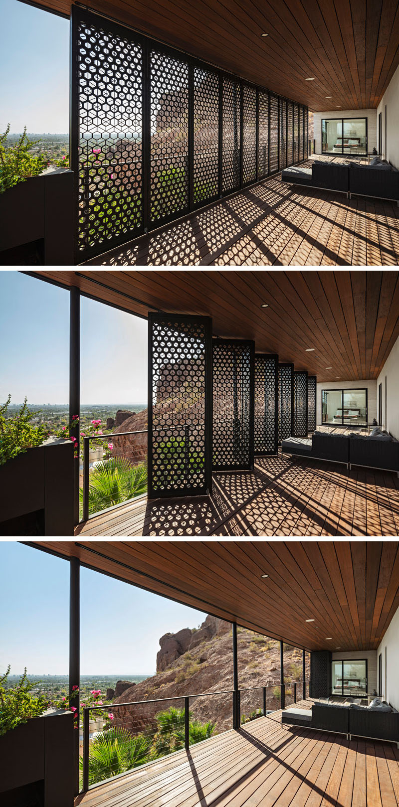 A walking deck with custom planters overlooks the driveway at the Red Rocks residence, while large picture windows in the adjacent bedroom frame views of Camelback Mountain.