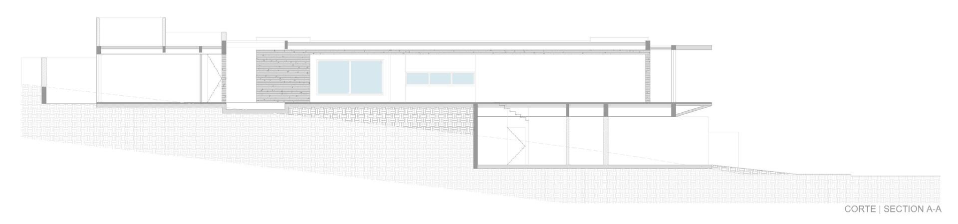 Explore the architectural drawings for Casa da Mata, a minimalist forest house in Franca, São Paulo, organized into distinct blocks and shaped by the natural changes in elevation across the site.