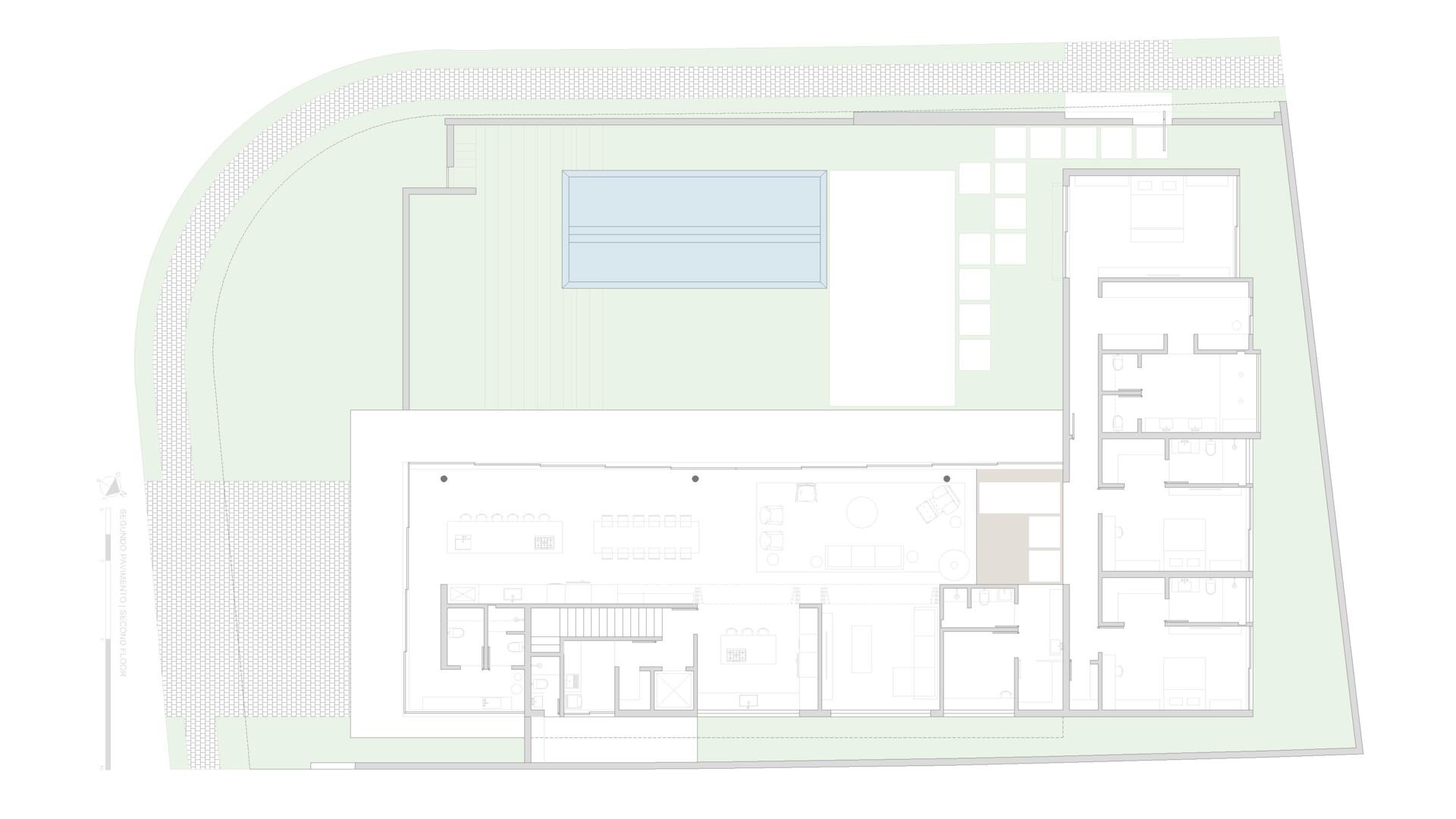 Explore the architectural drawings for Casa da Mata, a minimalist forest house in Franca, São Paulo, organized into distinct blocks and shaped by the natural changes in elevation across the site.