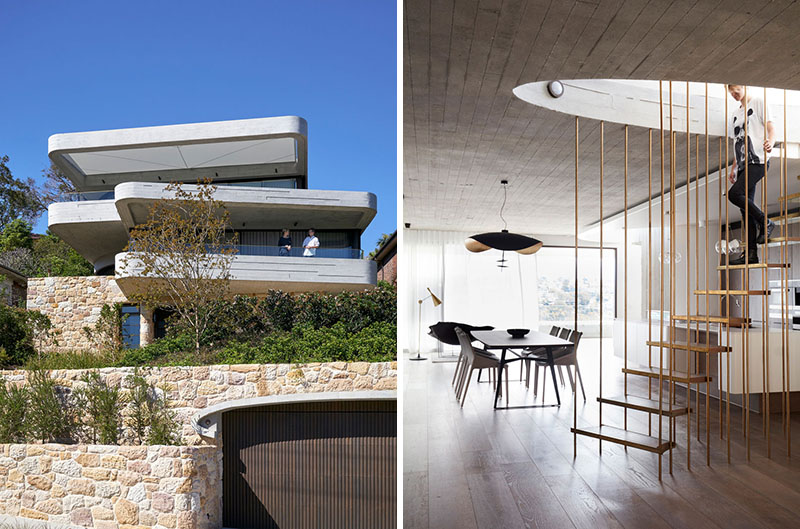 The Books House in Sydney by Luigi Rosselli Architects uses layered concrete slabs above a sandstone base, creating a home inspired by a stack of books on a table.
