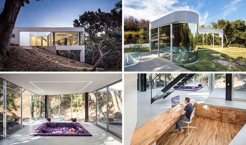 A modern glass house by Craig Steely Architecture floats among the oak trees in Cupertino, California, with a grass-covered rooftop, steel bridge and expansive views into the canopy.