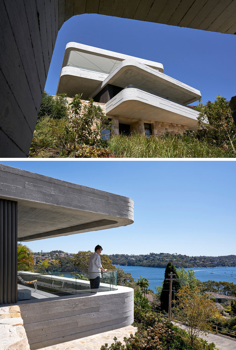 The Books House in Sydney by Luigi Rosselli Architects uses layered concrete slabs above a sandstone base, creating a home inspired by a stack of books on a table.