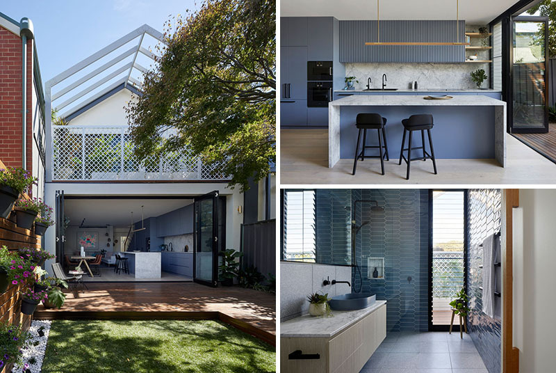 See how Blank Canvas Architects transformed a tiny Victorian workers cottage in Port Melbourne into a bright contemporary home with blue cabinetry, marble finishes, indoor-outdoor living, and clever space-saving design.