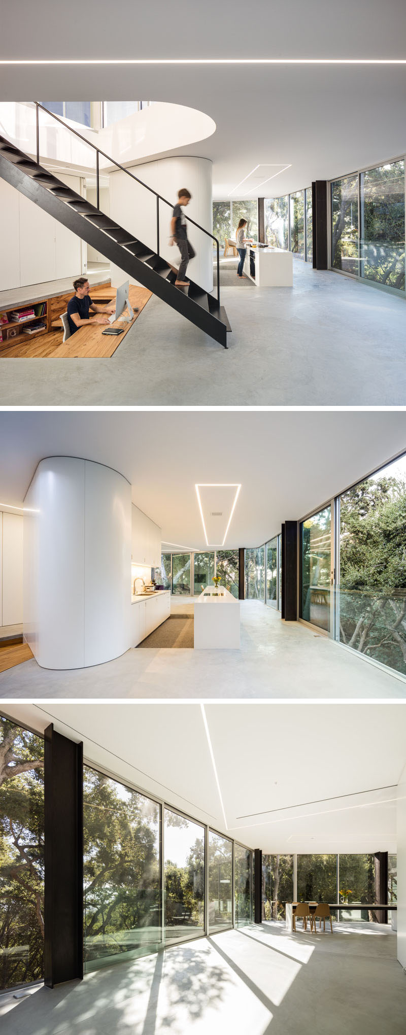 A 22-foot white composite quartz counter stretches from the kitchen work surface into the dining table, creating a long, continuous element within this modern open-plan home.