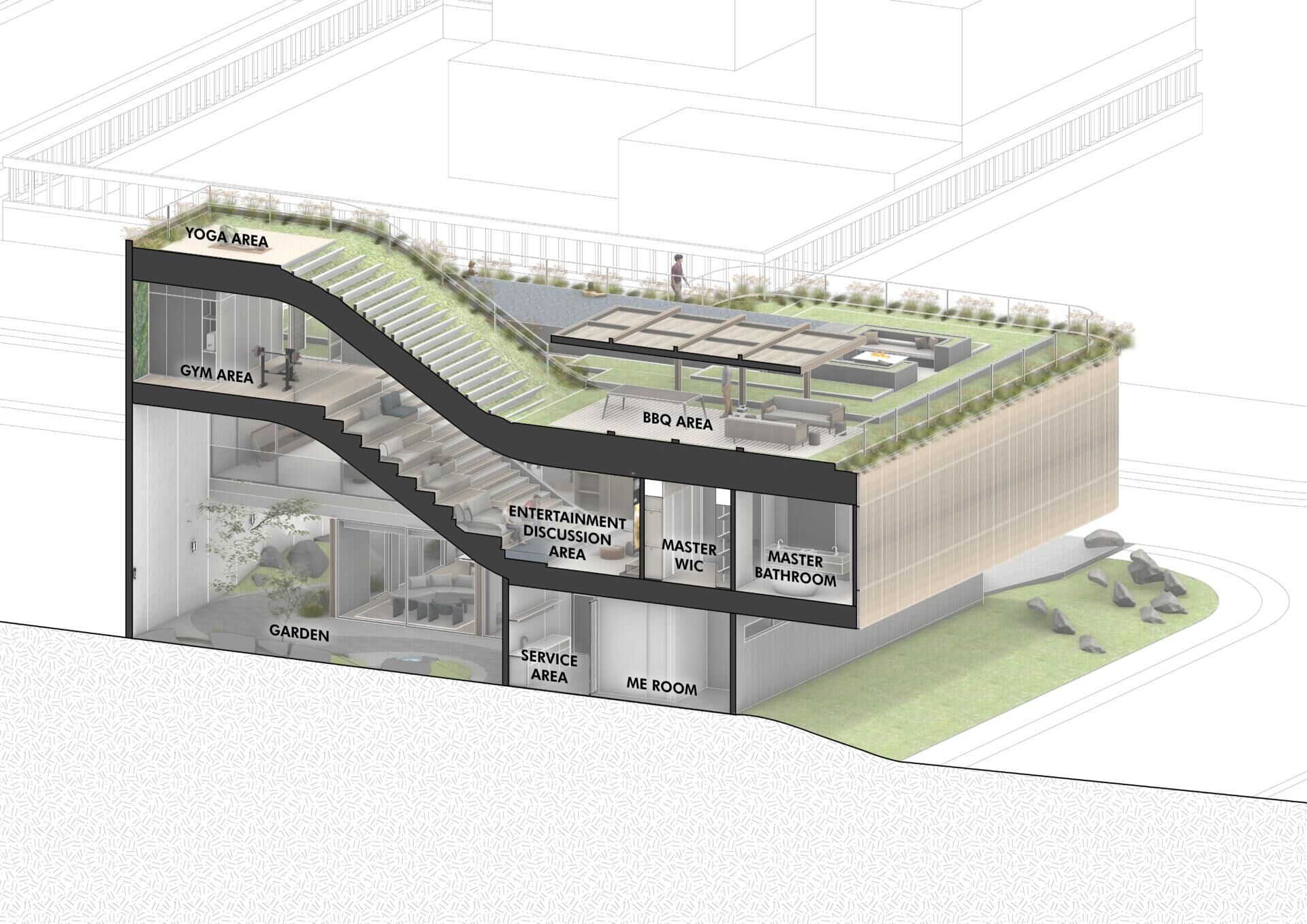 Explore the architectural drawings of Split Mass Residence by K-Thengono Design Studio to see how the split volumes, office, private living spaces, pool and rooftop are arranged across the site.