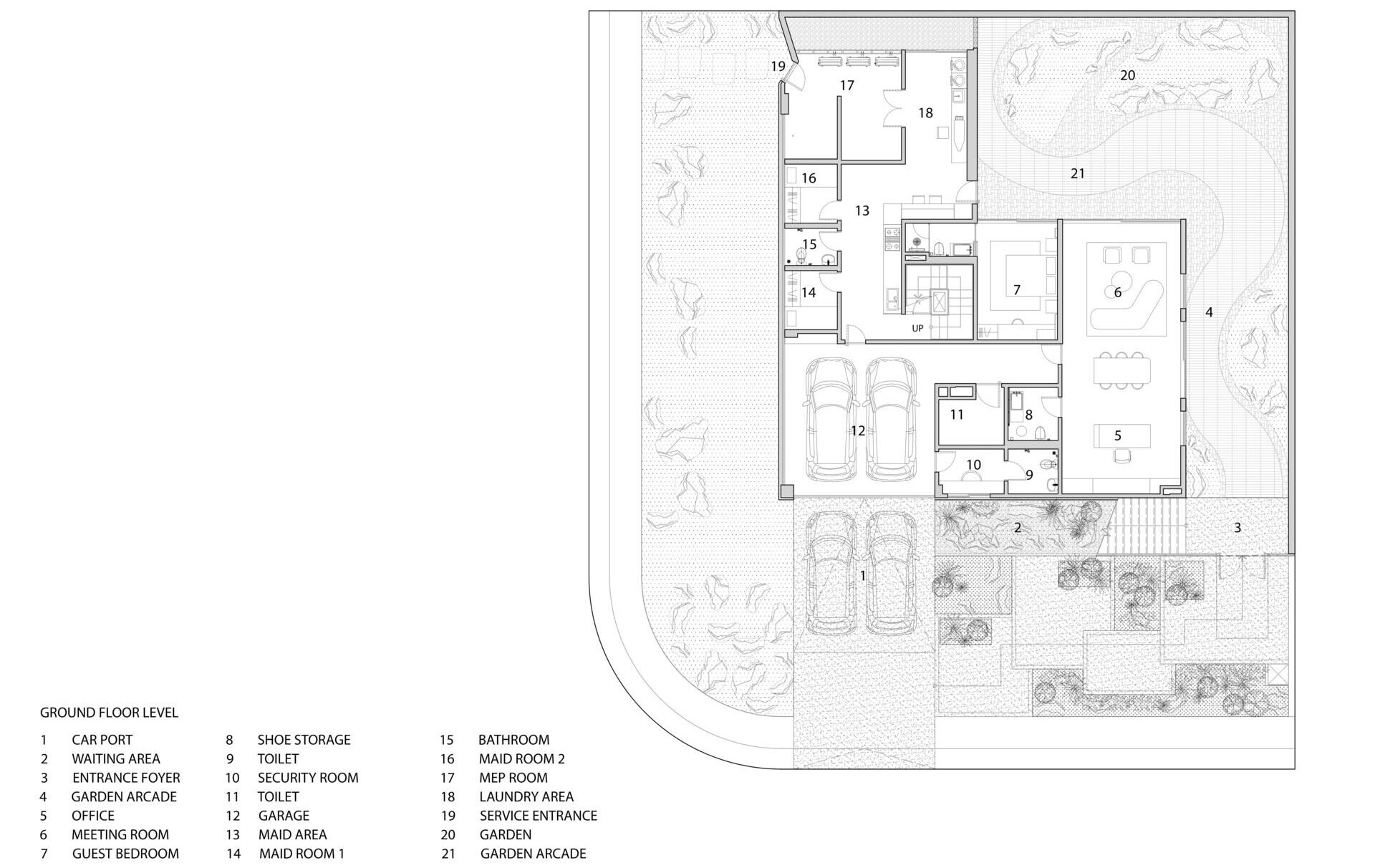 Explore the architectural drawings of Split Mass Residence by K-Thengono Design Studio to see how the split volumes, office, private living spaces, pool and rooftop are arranged across the site.