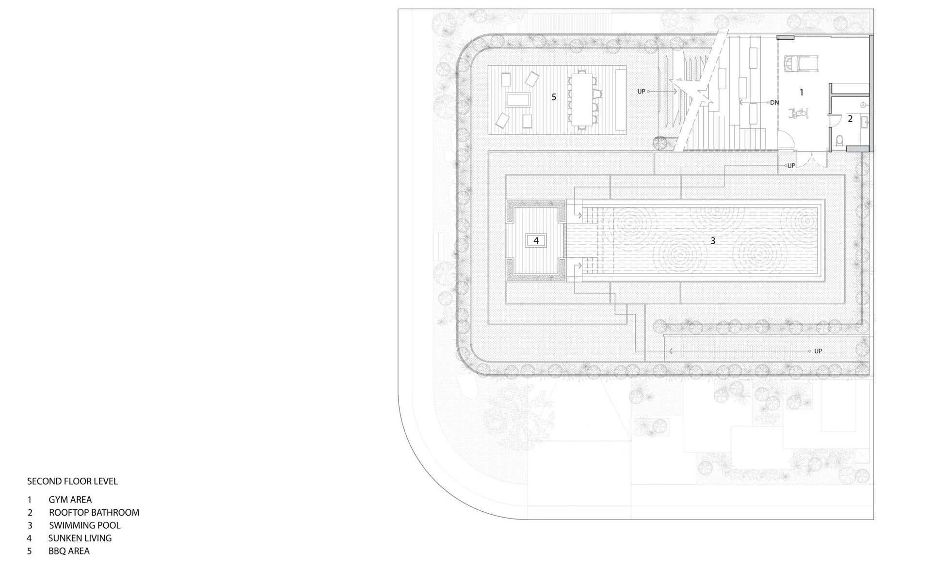 Explore the architectural drawings of Split Mass Residence by K-Thengono Design Studio to see how the split volumes, office, private living spaces, pool and rooftop are arranged across the site.