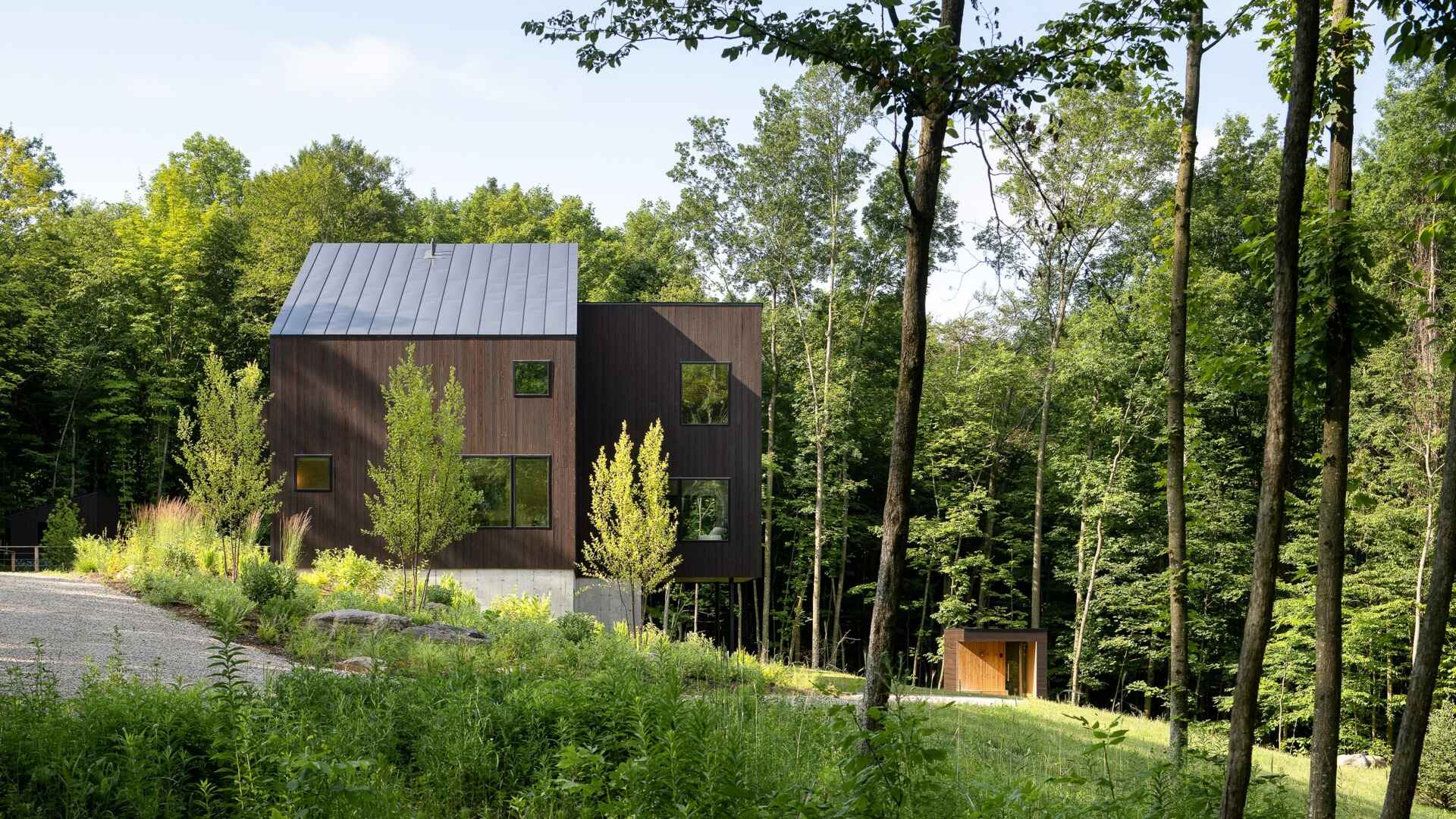Discover the Milo House in Cornwall, Vermont, where irregular architectural volumes and dark Gendai® yakisugi siding give this hillside home a bark-like appearance among the trees.