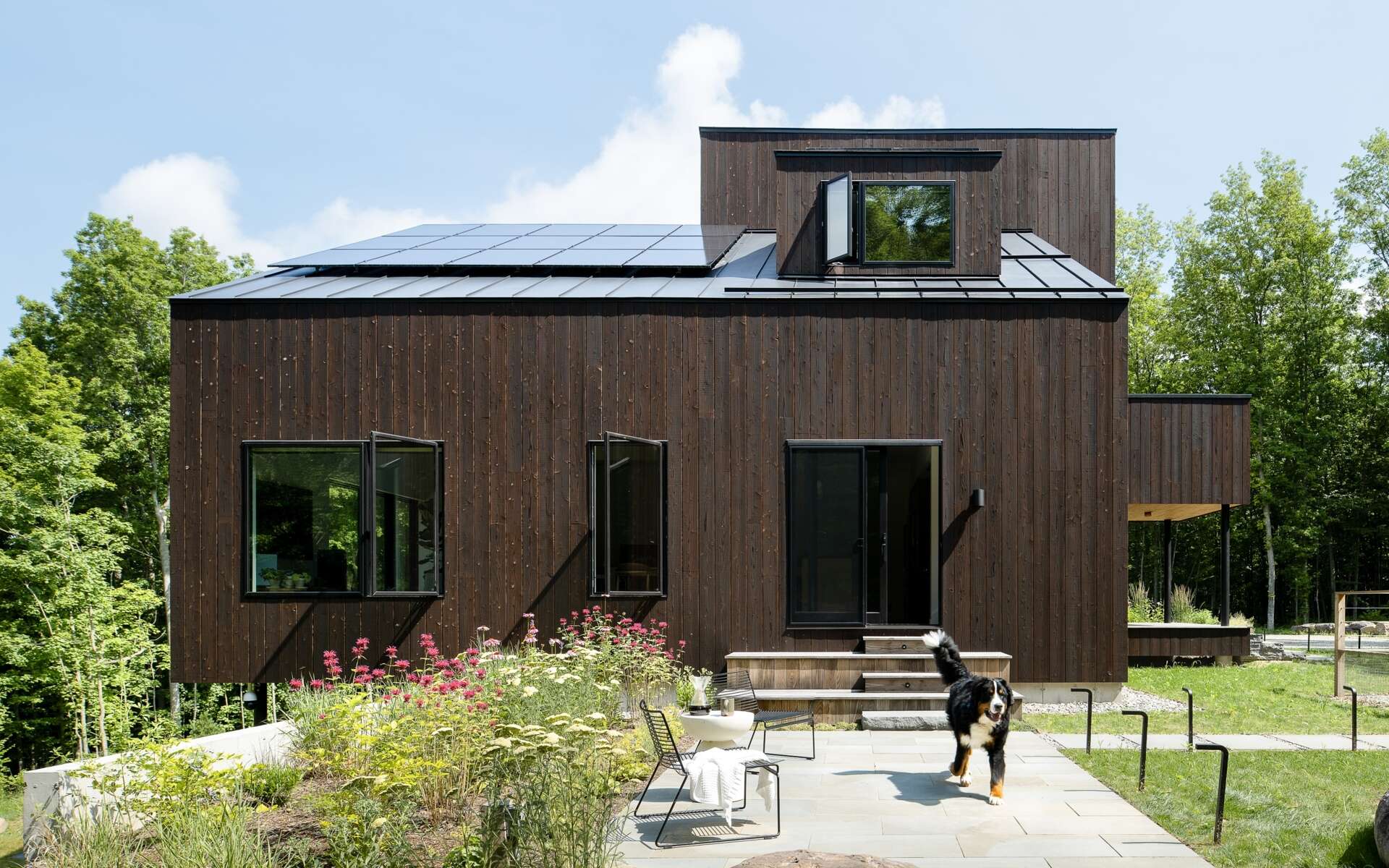 Discover the Milo House in Cornwall, Vermont, where irregular architectural volumes and dark Gendai® yakisugi siding give this hillside home a bark-like appearance among the trees.
