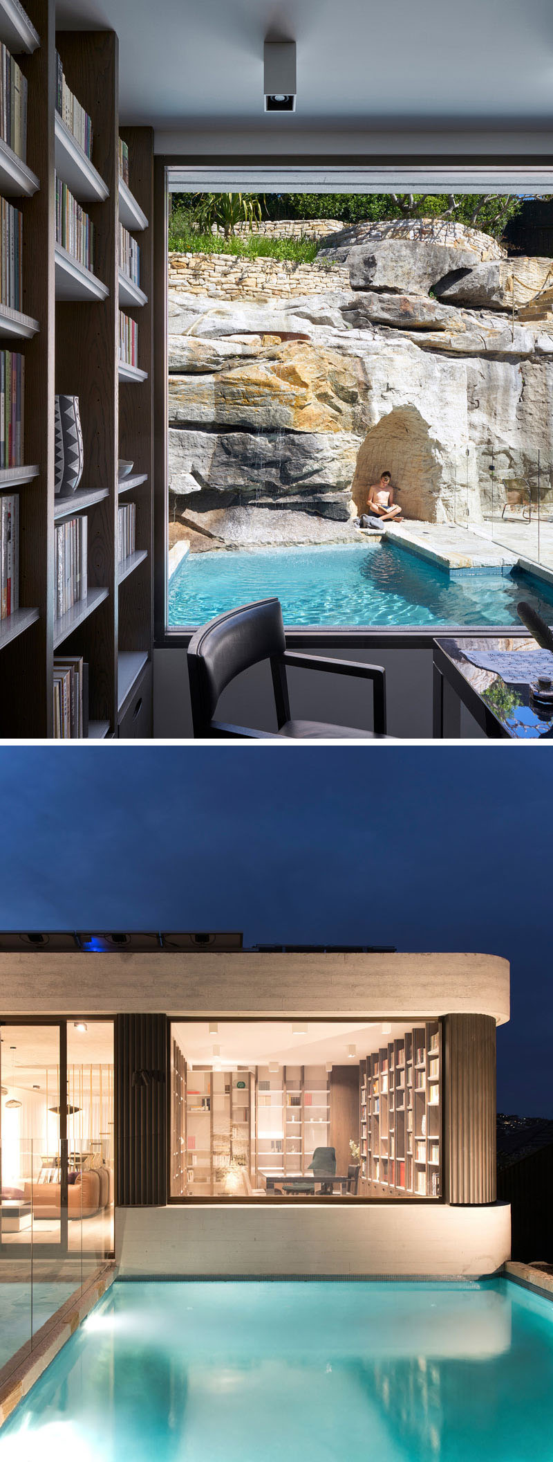 A hidden door within the living room bookshelf opens into a private study lined with bookshelves and overlooking the sandstone escarpment and pool.