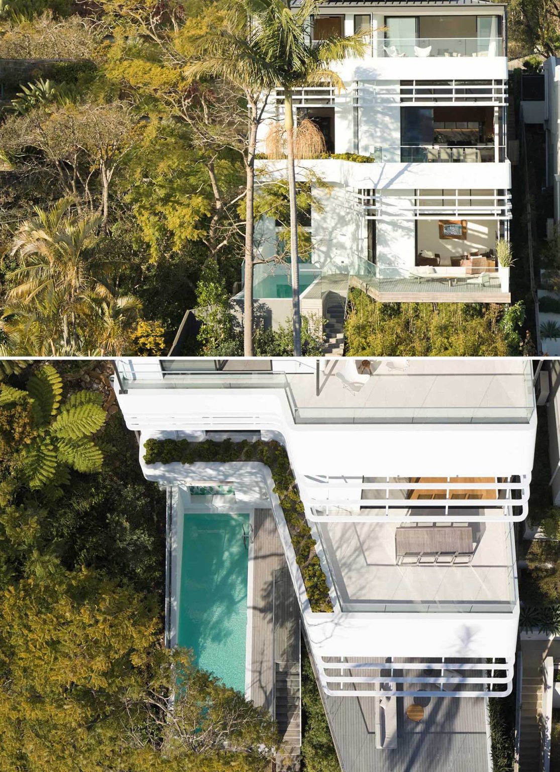 Explore the outdoor spaces of Earth-Ship, where tiered balconies, tall trees, a swimming pool, deck and tiled mural surround Luigi Rosselli Architects' Sydney home.