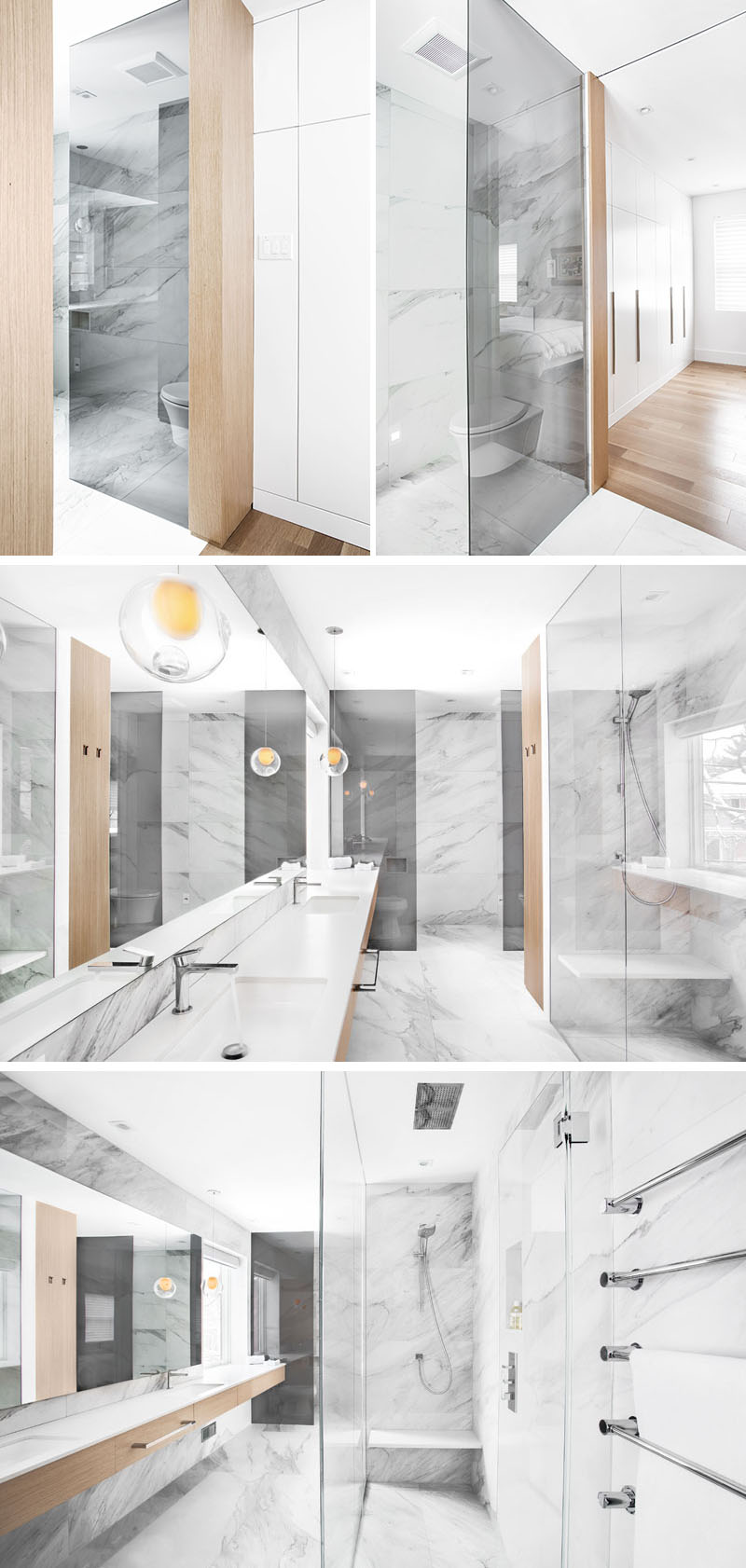 The renovated Montreal bathroom features an impressive 18-foot vanity, walk-in shower, partitioned toilet area, natural light and white oak details.