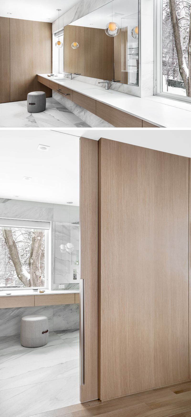The renovated Montreal bathroom features an impressive 18-foot vanity, walk-in shower, partitioned toilet area, natural light and white oak details.