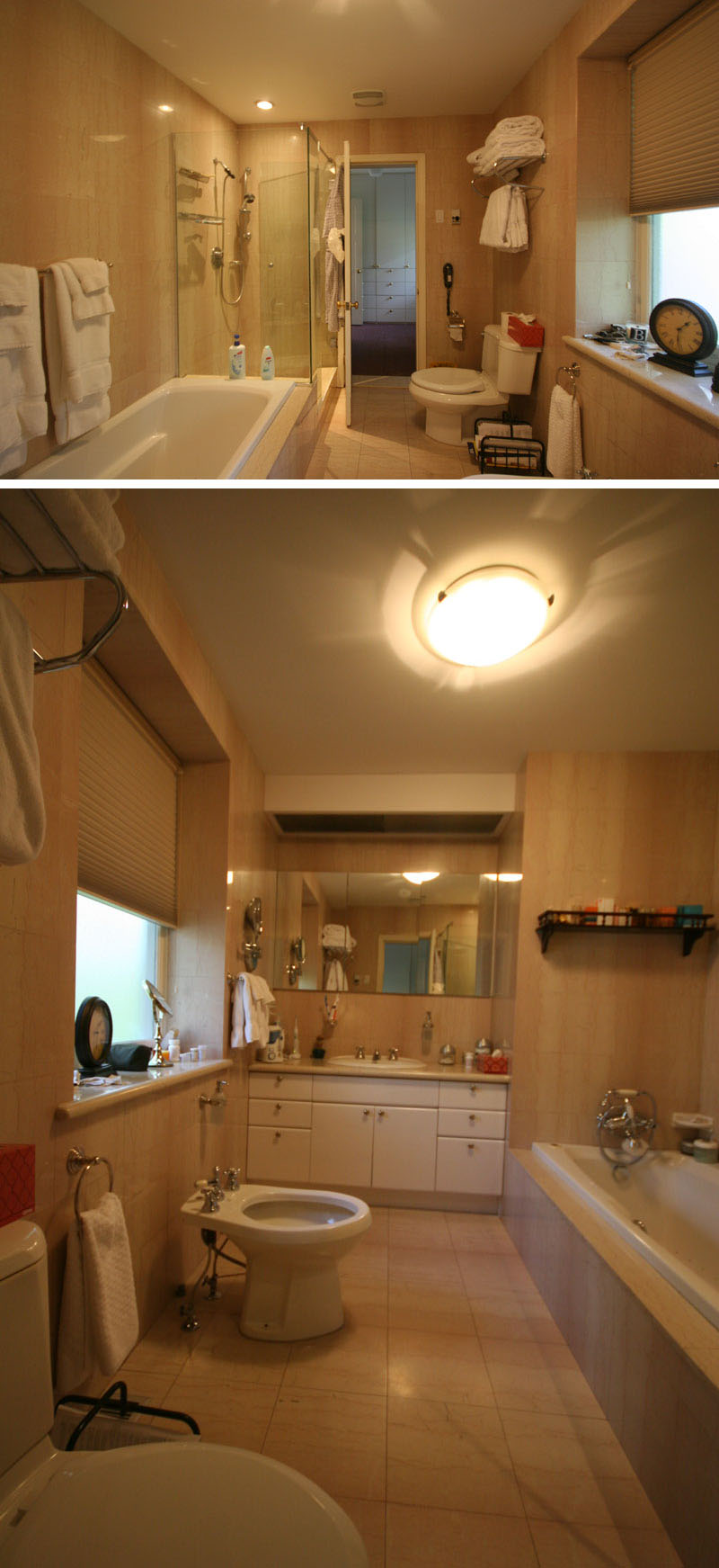 BEFORE - The renovated Montreal bathroom features an impressive 18-foot vanity, walk-in shower, partitioned toilet area, natural light and white oak details.