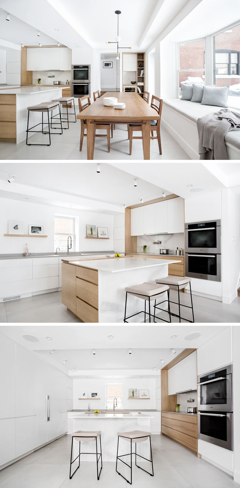 White cabinetry extends to the ceiling in this Montreal kitchen, while butternut wood, teak furniture and soft concrete-look flooring add warmth and texture.