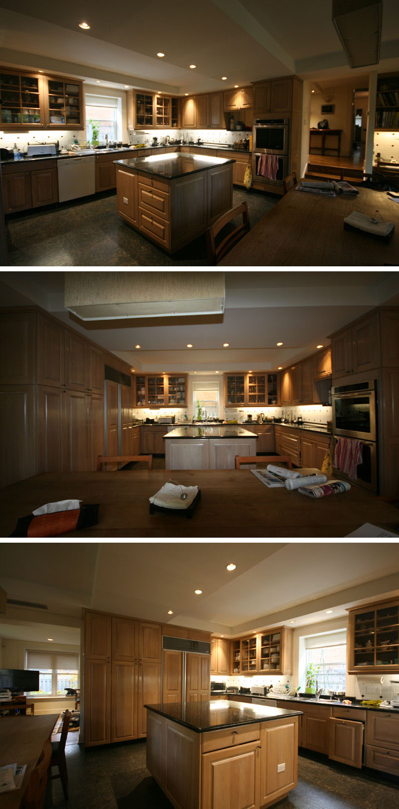 BEFORE - White cabinetry extends to the ceiling in this Montreal kitchen, while butternut wood, teak furniture and soft concrete-look flooring add warmth and texture.
