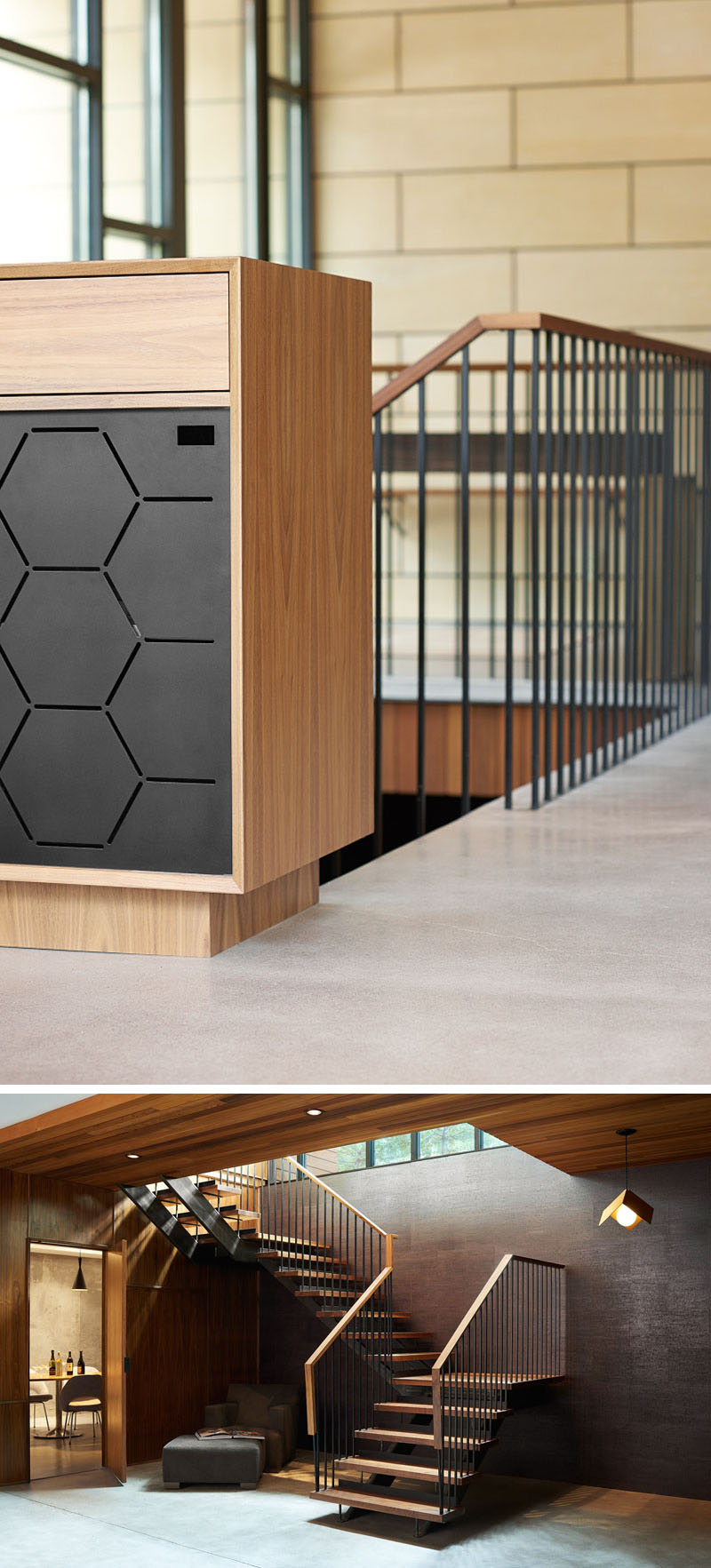 Discover how wood cabinetry partially conceals the staircase leading to the basement storage area and wine cellar in this Minneapolis ranch house.