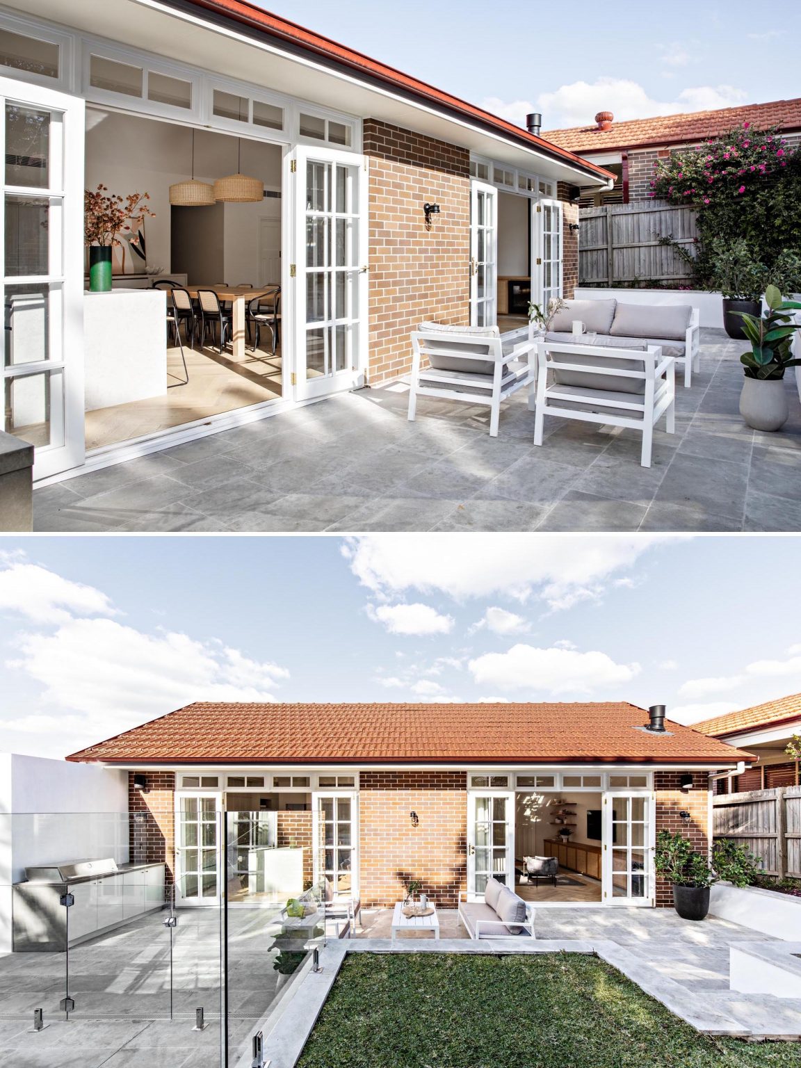 Discover the rear patio of this Concord Californian Bungalow, where two sets of French doors open from the interior onto outdoor seating and a dedicated barbecue area.
