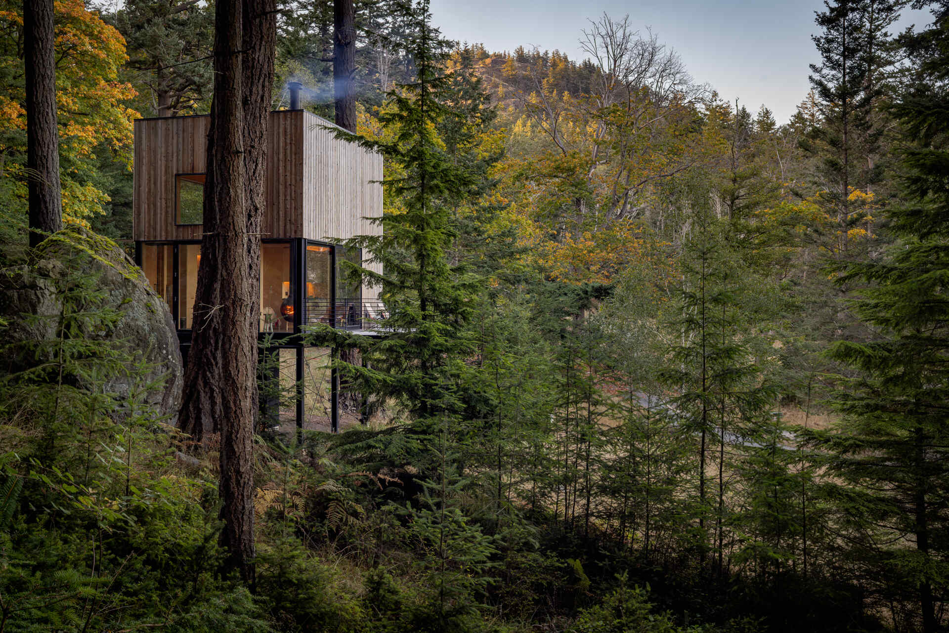 Explore the architecture of a 400-square-foot cabin suspended on stilts above the forest on Blakely Island, Washington, with a compact 16-by-20-foot footprint and expansive water views.