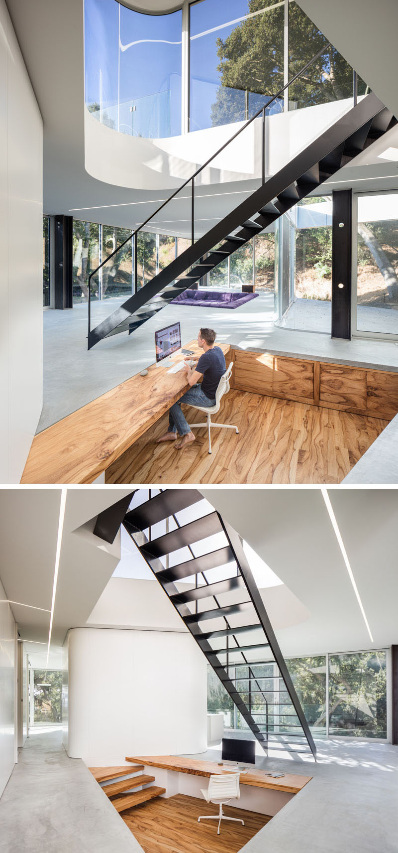 A compact office beneath the stairs is crafted from a single slab of Chinese pistachio, with the same material used across the floor, desk and cabinetry.