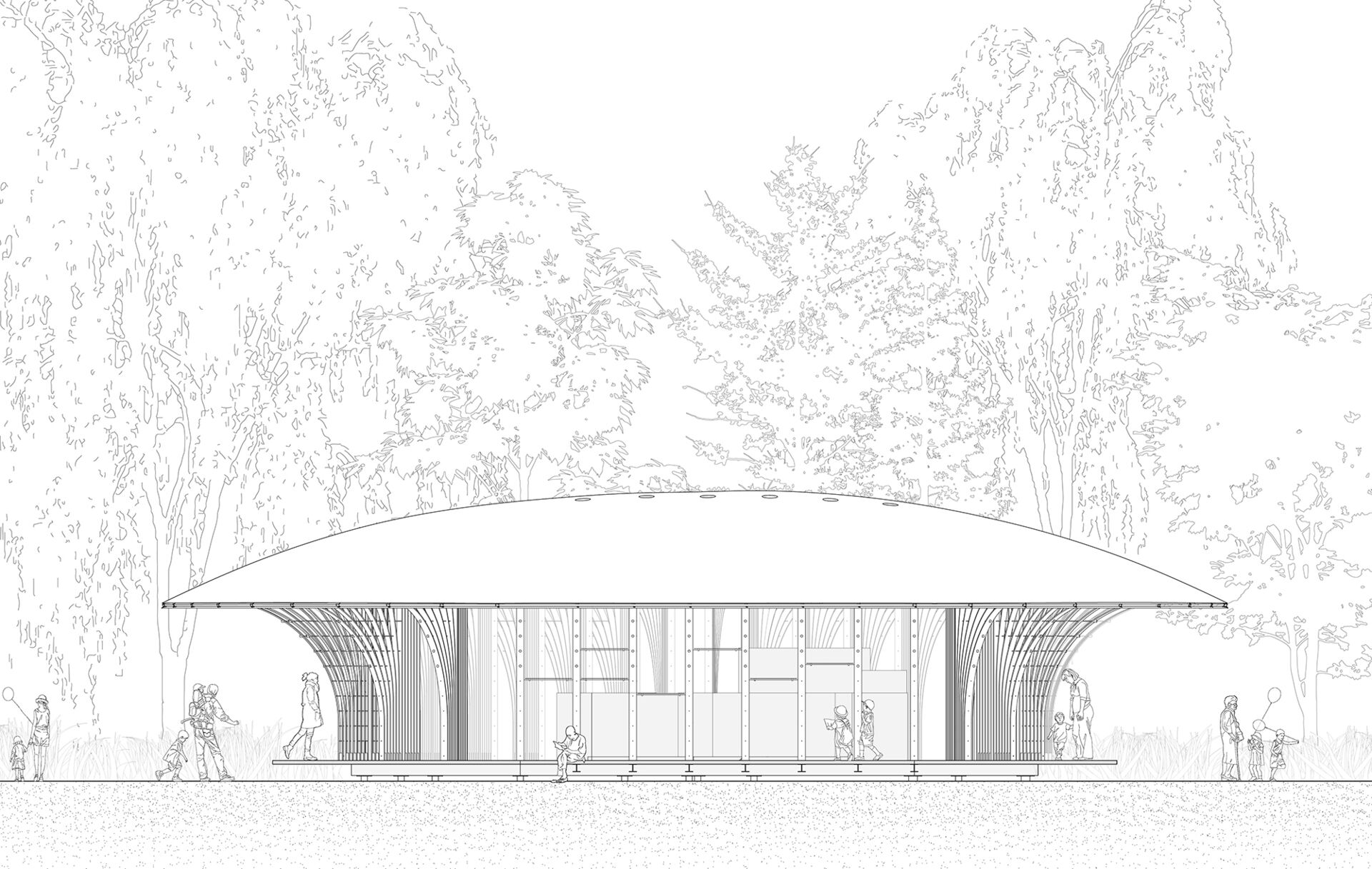 West Garden Florist by LUO studio is a mushroom-like timber florist pavilion tucked among the trees of Haidian Park in Beijing, with a planted roof and open canopy.