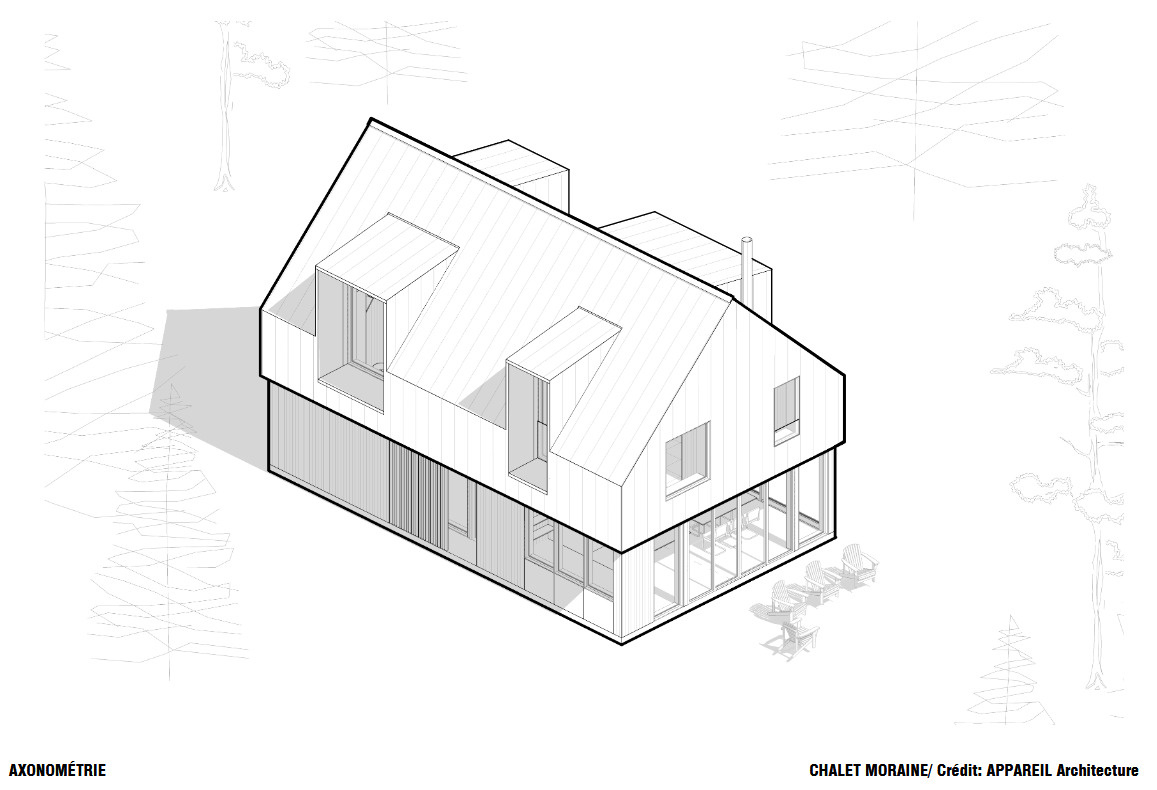 Architectural drawings of Chalet Moraine reveal the home's rectangular form, gabled roof, dormers, freestanding service volumes and unusual open-floor structural approach.