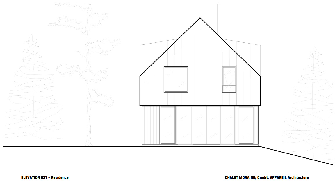 Architectural drawings of Chalet Moraine reveal the home's rectangular form, gabled roof, dormers, freestanding service volumes and unusual open-floor structural approach.
