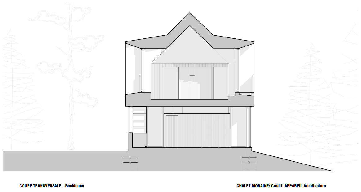 Architectural drawings of Chalet Moraine reveal the home's rectangular form, gabled roof, dormers, freestanding service volumes and unusual open-floor structural approach.