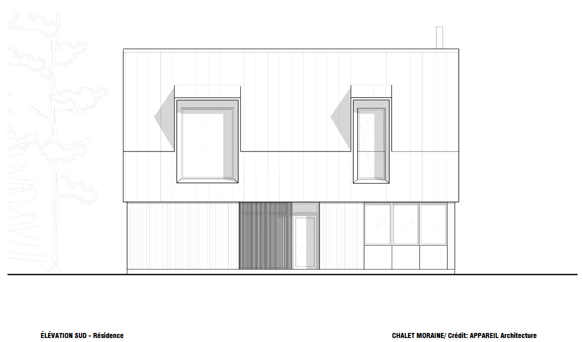 Architectural drawings of Chalet Moraine reveal the home's rectangular form, gabled roof, dormers, freestanding service volumes and unusual open-floor structural approach.