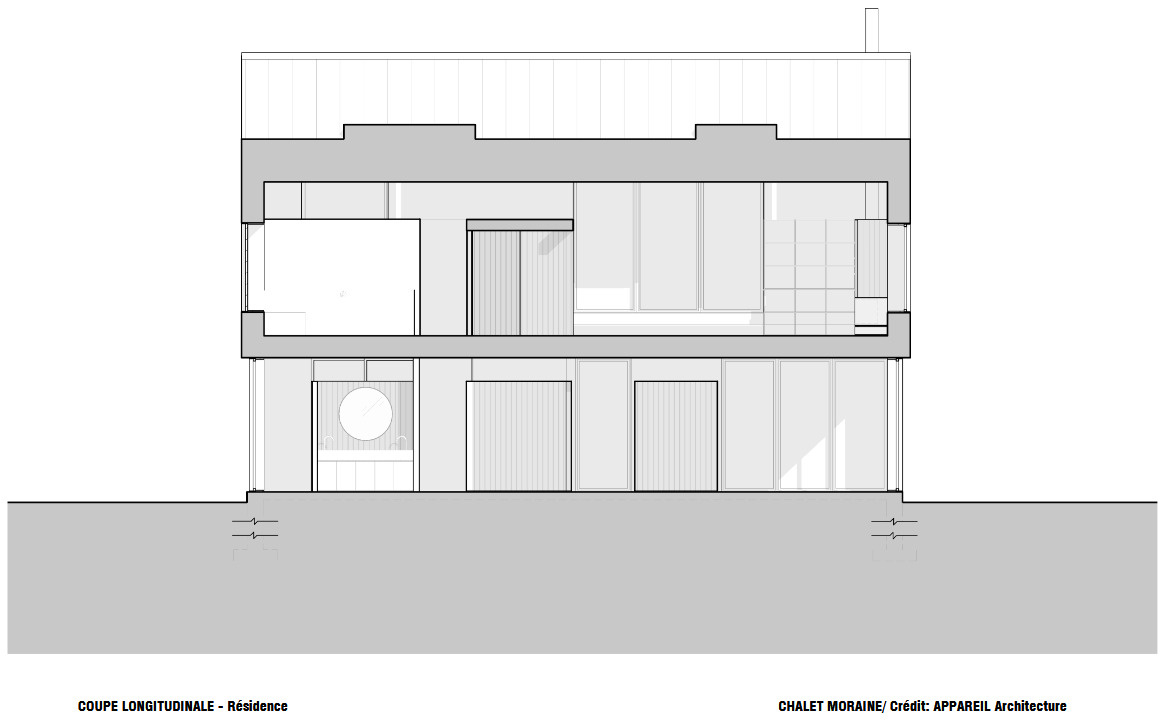 Architectural drawings of Chalet Moraine reveal the home's rectangular form, gabled roof, dormers, freestanding service volumes and unusual open-floor structural approach.