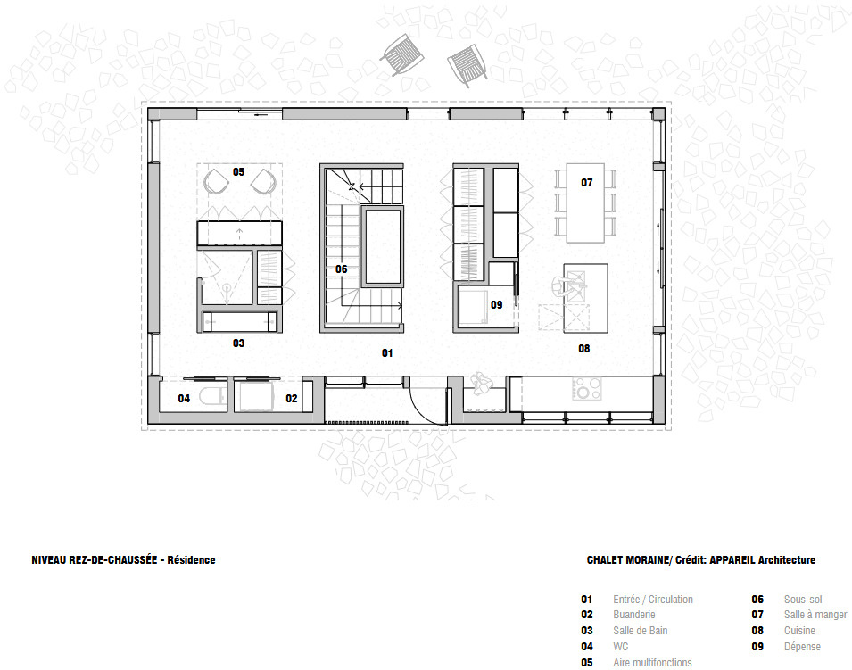 Architectural drawings of Chalet Moraine reveal the home's rectangular form, gabled roof, dormers, freestanding service volumes and unusual open-floor structural approach.