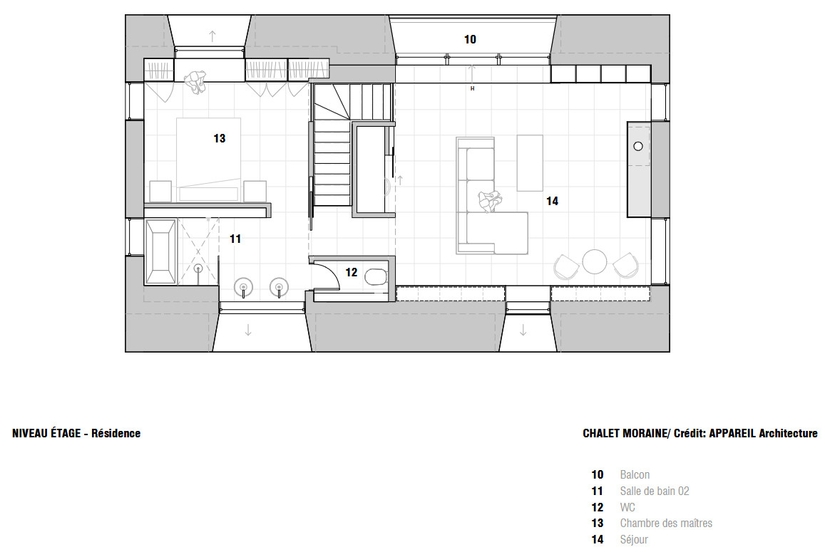 Architectural drawings of Chalet Moraine reveal the home's rectangular form, gabled roof, dormers, freestanding service volumes and unusual open-floor structural approach.