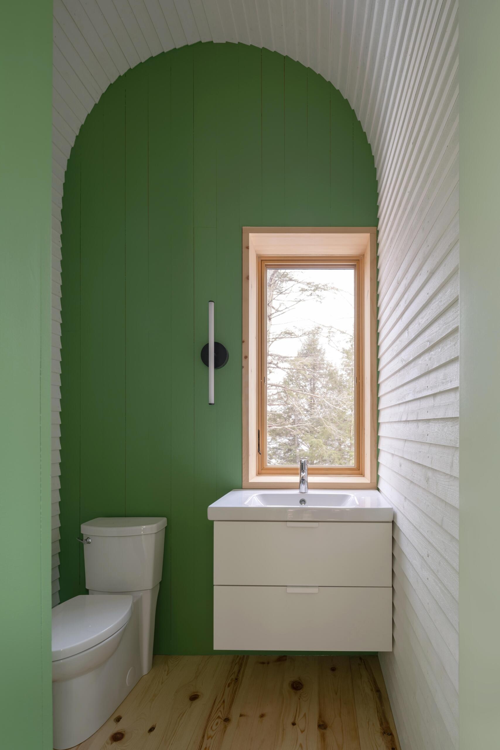 A compact modern cottage bathroom featuring a curved white timber ceiling, green painted gable wall, floating vanity, and forest views through a timber-framed window.