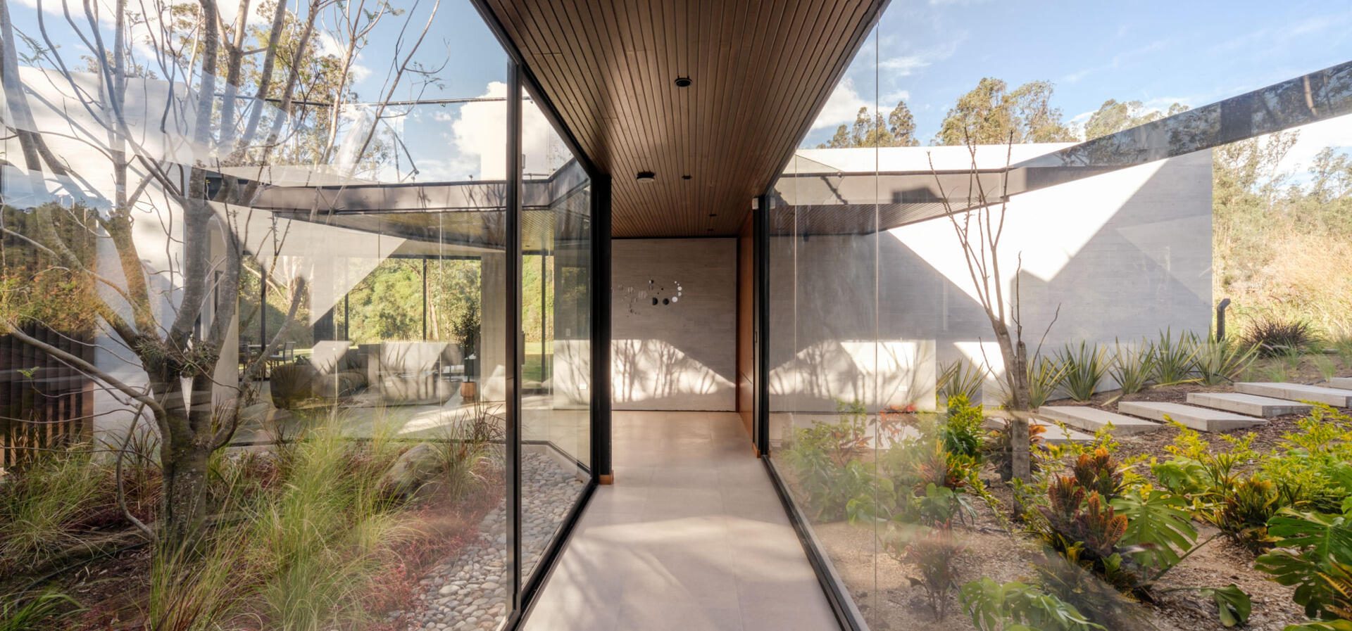 A glass hallway wraps around an open-air courtyard planted with a tall tree, ornamental grasses, and low red foliage. Timber ceilings, pale tiled floors, and upper walkways with glass balustrades bring garden views into the circulation spaces of this contemporary Ecuadorian home.