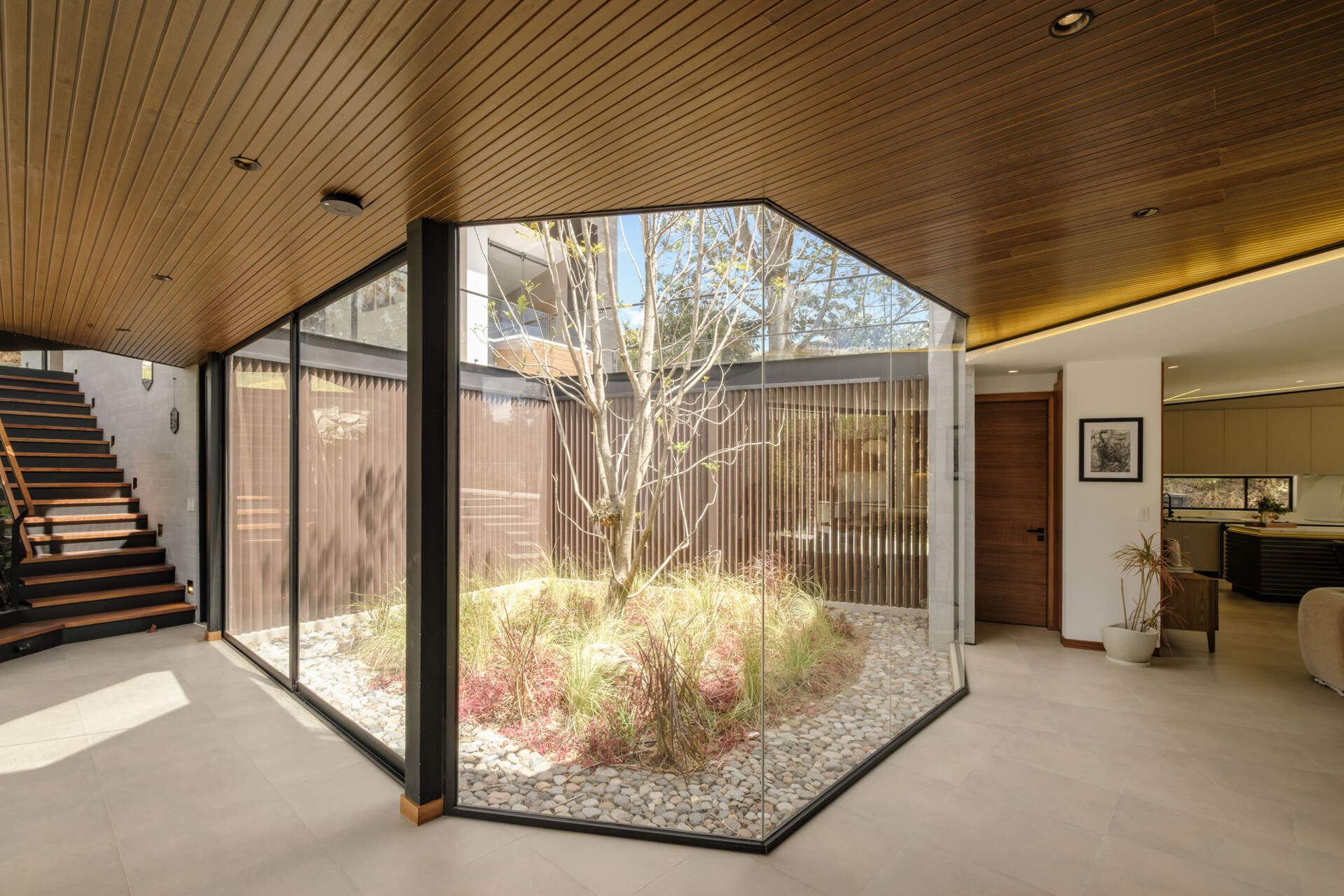 A glass hallway wraps around an open-air courtyard planted with a tall tree, ornamental grasses, and low red foliage. Timber ceilings, pale tiled floors, and upper walkways with glass balustrades bring garden views into the circulation spaces of this contemporary Ecuadorian home.