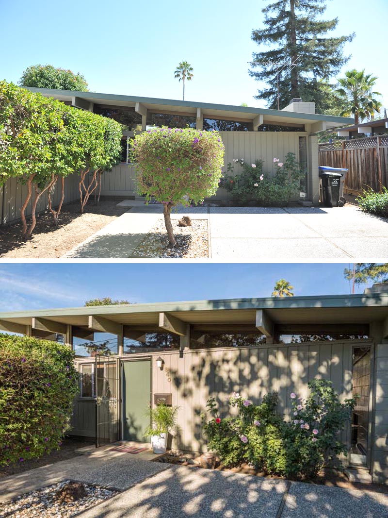 BEFORE - See how a light brown exterior, new grass and a modern patio transform the outdoor spaces of this Eichler house while opening the rear of the home to more morning light.