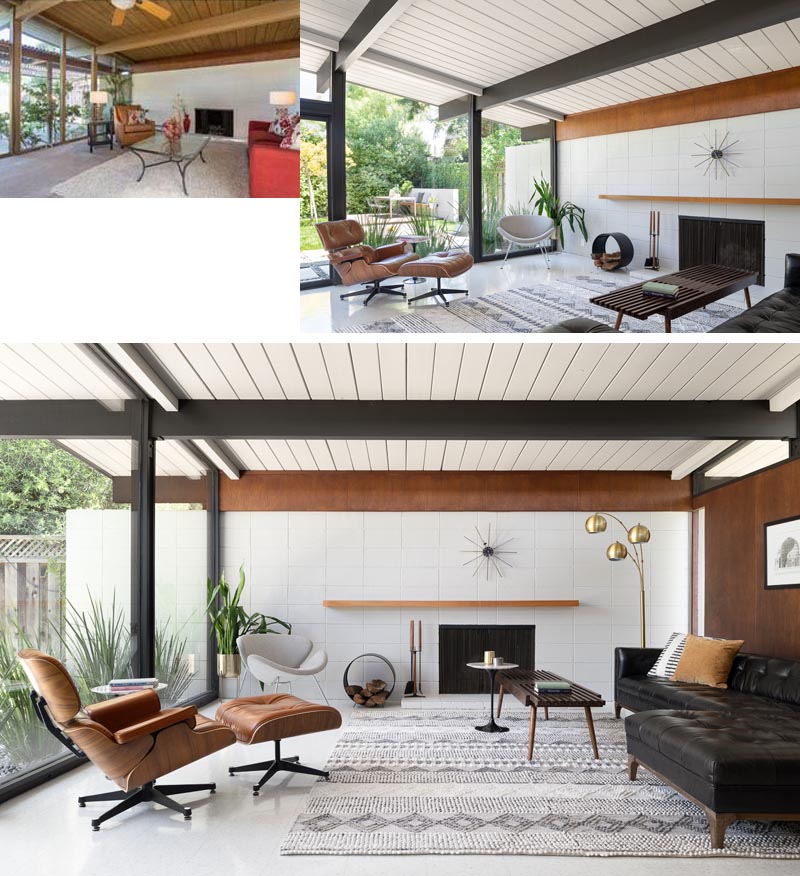 Take a look inside the renovated Eichler living room, where a bright white ceiling and dark structural elements create a fresh contrast with the home's mid-century architecture.